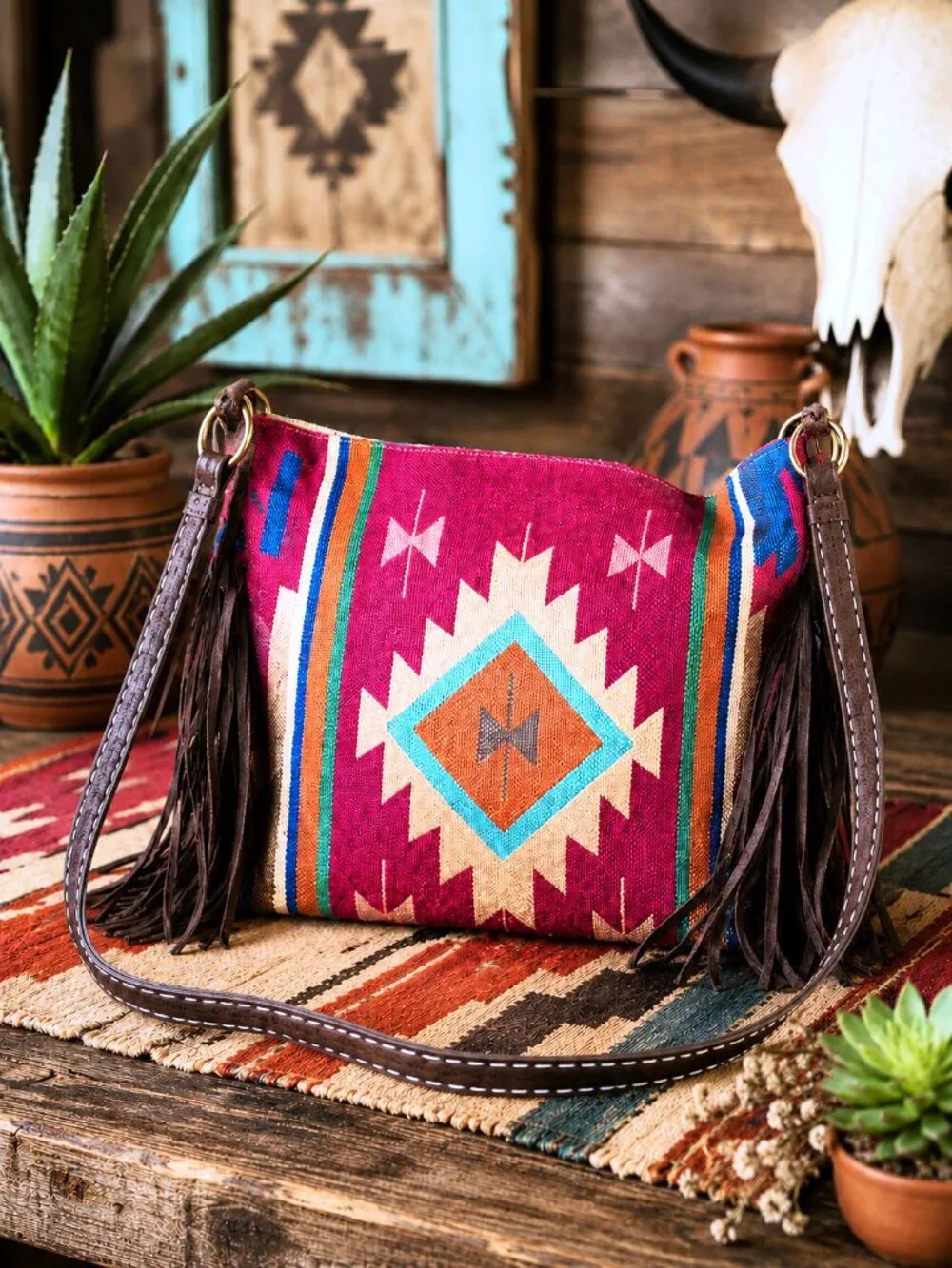 Southwestern Magenta Fringe Tote Bag Purse Faux Leather Western Aztec Canvas NWT